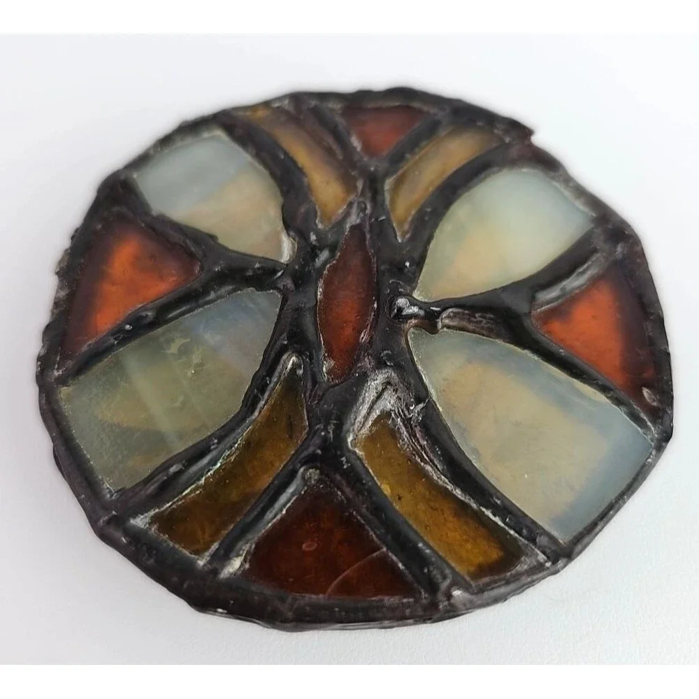 Artisan Craft Stained Glass Style Belt Buckle Earth Tone Artisan Vintage 3 inch